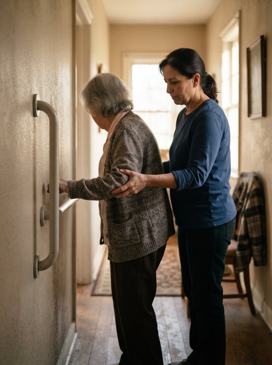 A caregiver's hand steadying an older person's forearm just above the elbow at a hallway grab rail in a modest lived-in