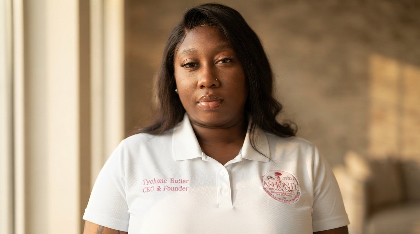 Tychane Butler, a Black woman in her own crisp white embroidered Ashonte Private Care polo, shoulders-up and looking directly